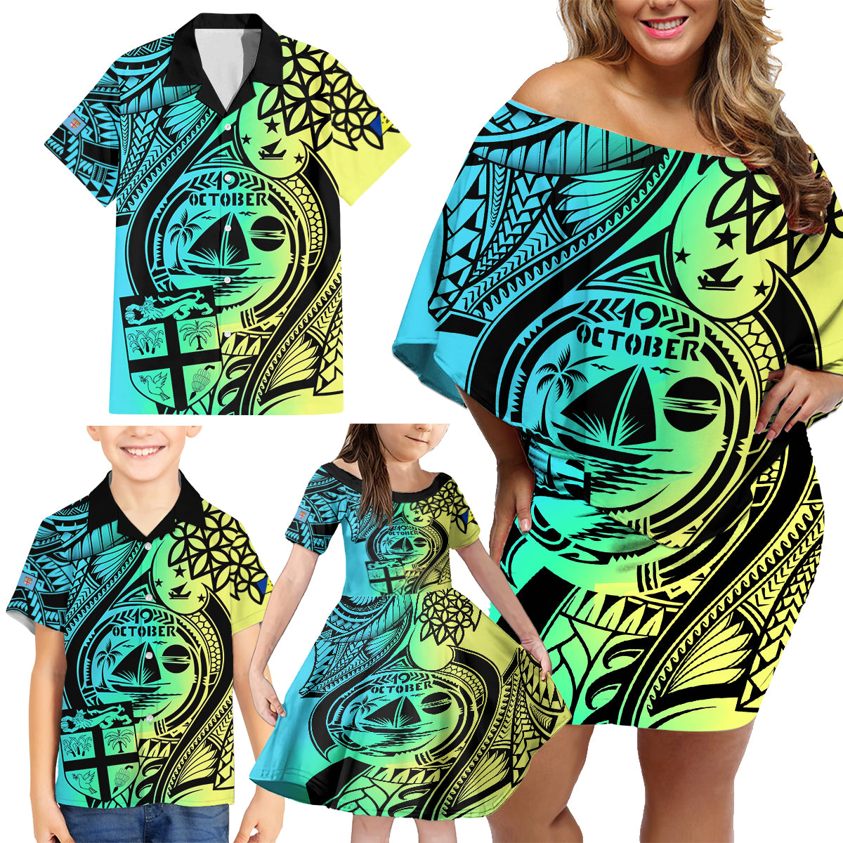 Malampa Fiji Day Family Matching Off Shoulder Short Dress and Hawaiian Shirt Vanuatu Sand Drawing With Polynesian Pattern LT9 - Wonder Print Shop