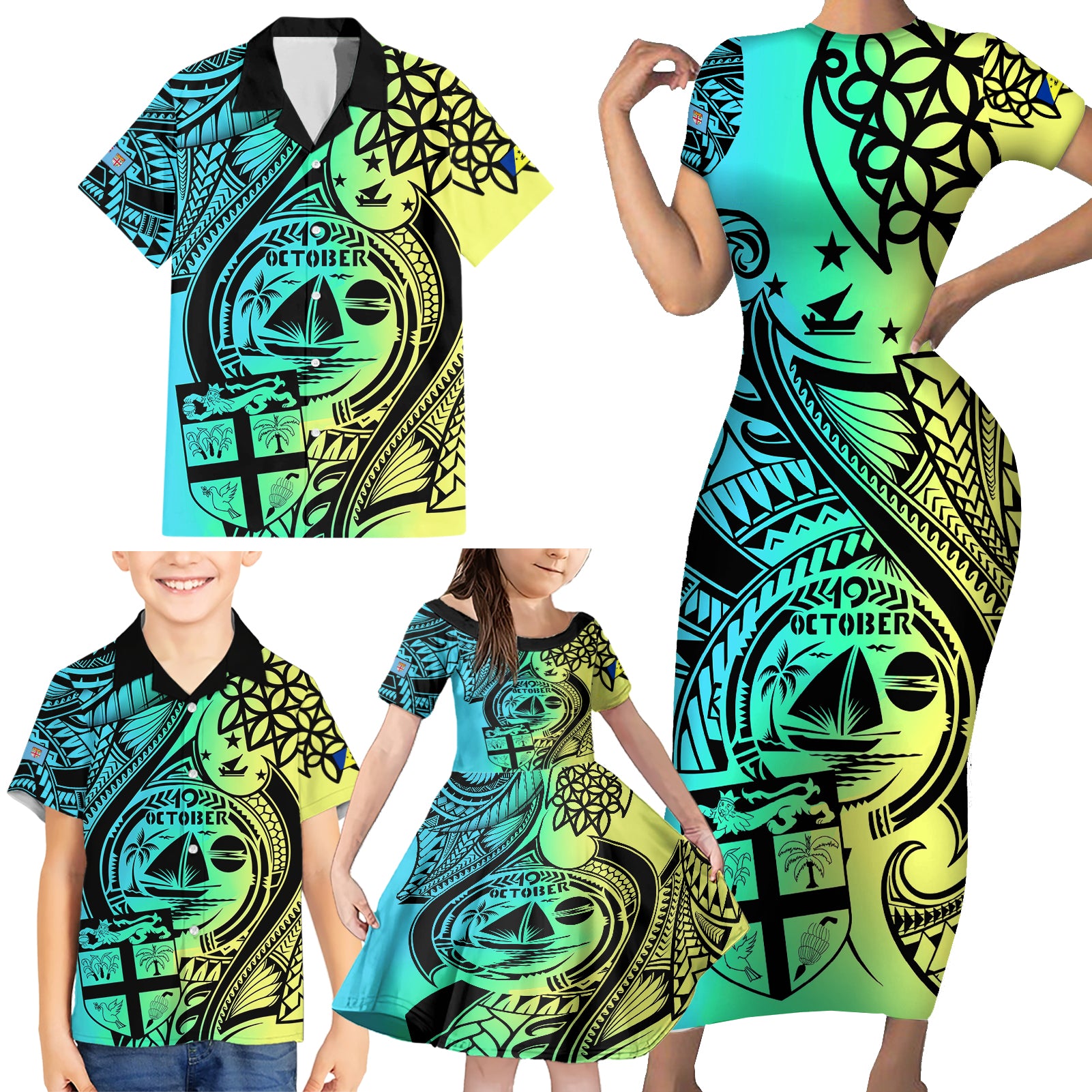 Malampa Fiji Day Family Matching Short Sleeve Bodycon Dress and Hawaiian Shirt Vanuatu Sand Drawing With Polynesian Pattern - Wonder Print Shop