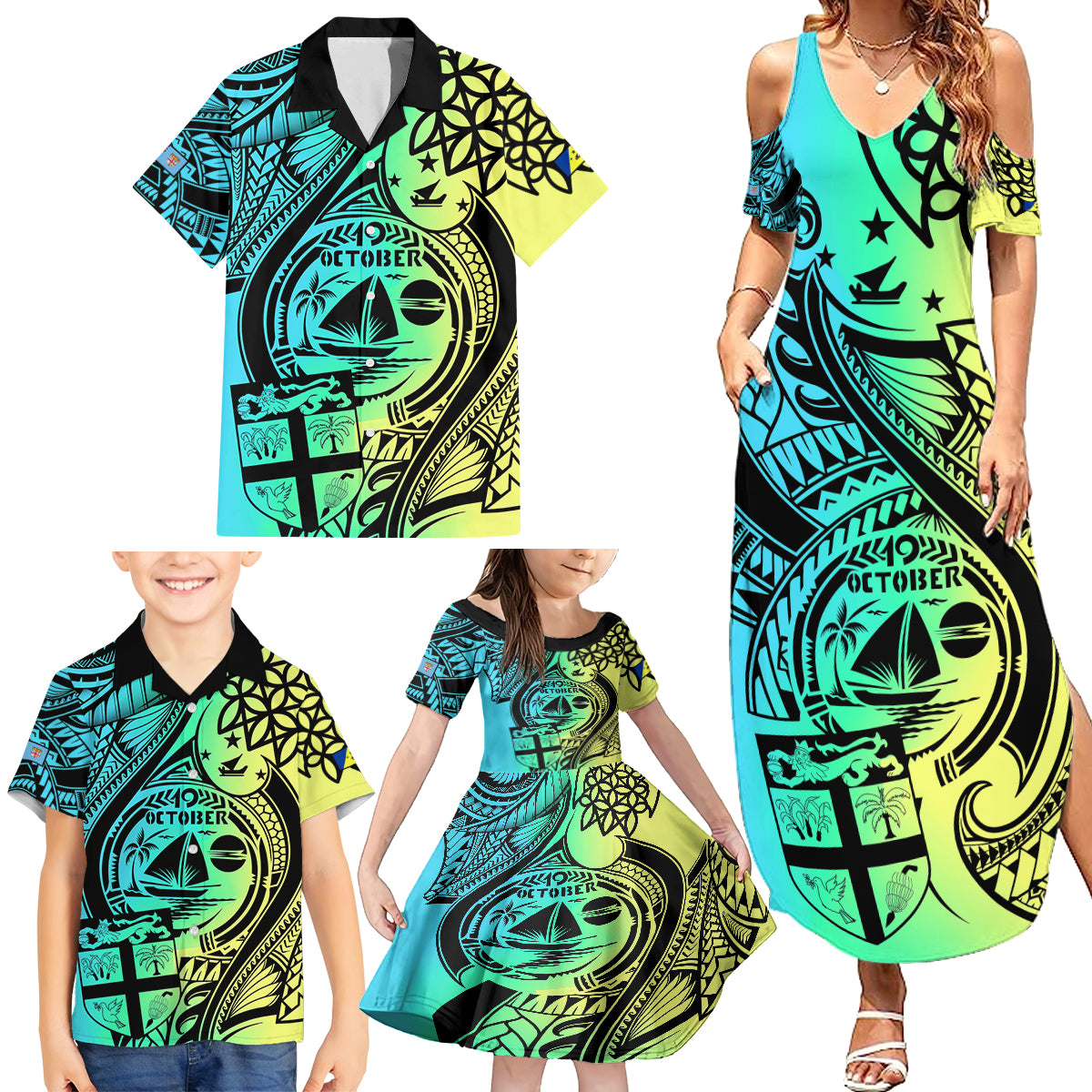 Malampa Fiji Day Family Matching Summer Maxi Dress and Hawaiian Shirt Vanuatu Sand Drawing With Polynesian Pattern - Wonder Print Shop