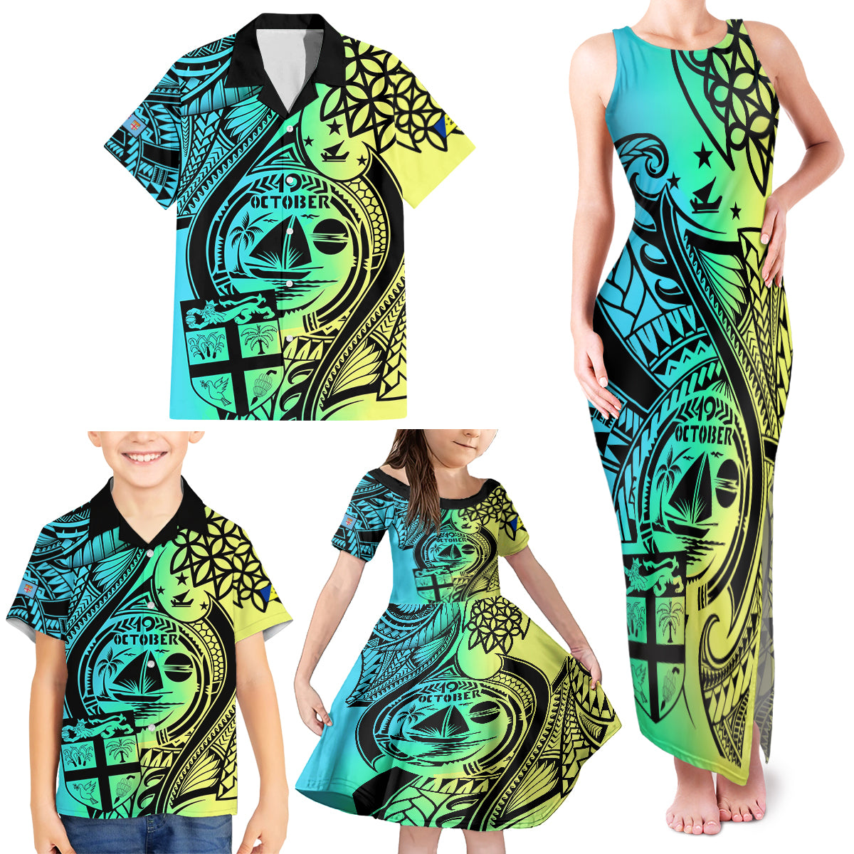 Malampa Fiji Day Family Matching Tank Maxi Dress and Hawaiian Shirt Vanuatu Sand Drawing With Polynesian Pattern - Wonder Print Shop