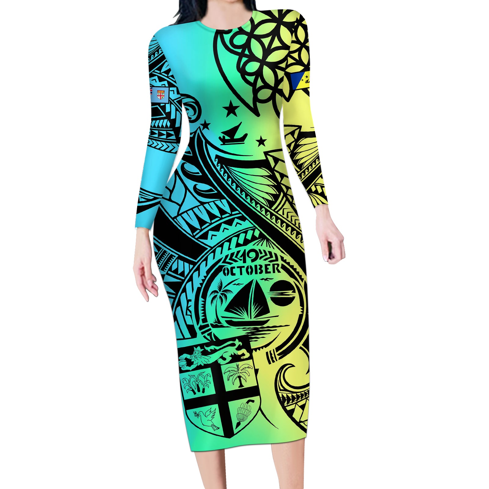 Malampa Fiji Day Long Sleeve Bodycon Dress Vanuatu Sand Drawing With Polynesian Pattern - Wonder Print Shop