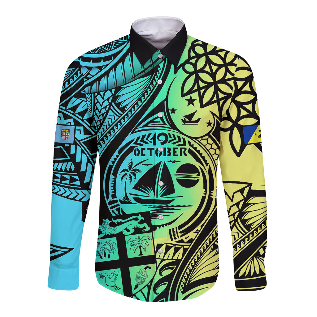 Unisex black long-sleeve button shirt with teal, green, yellow Polynesian sail graphic