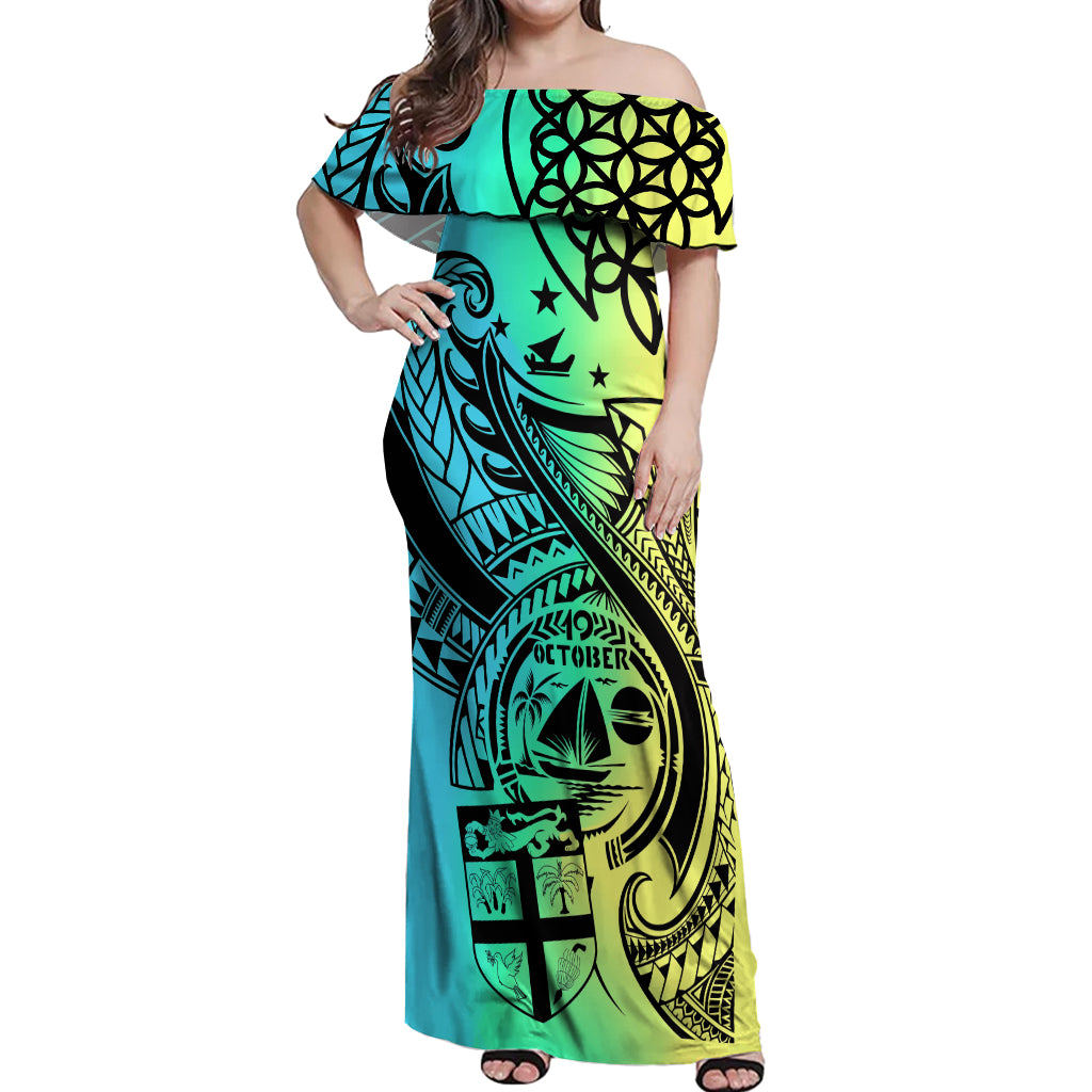 Malampa Fiji Day Off Shoulder Maxi Dress Vanuatu Sand Drawing With Polynesian Pattern - Wonder Print Shop