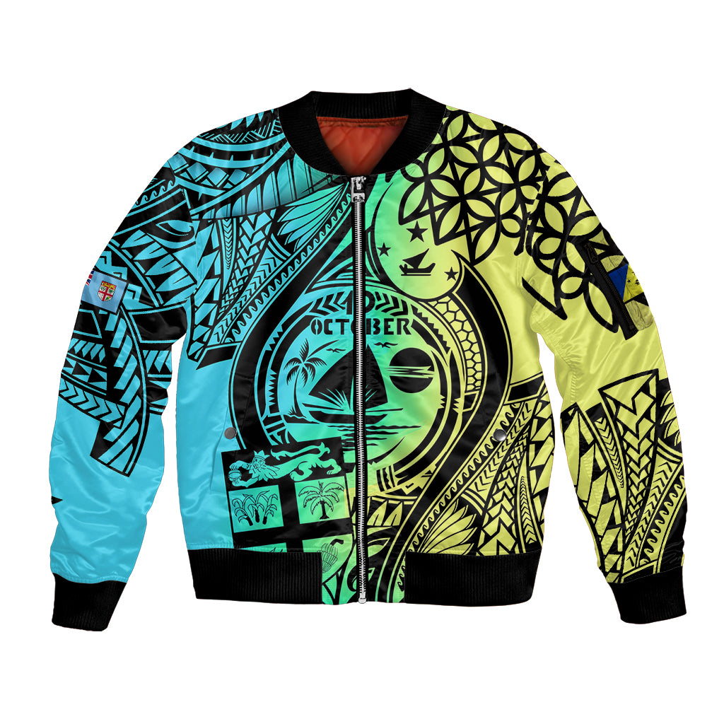 Malampa Fiji Day Sleeve Zip Bomber Jacket Vanuatu Sand Drawing With Polynesian Pattern - Wonder Print Shop