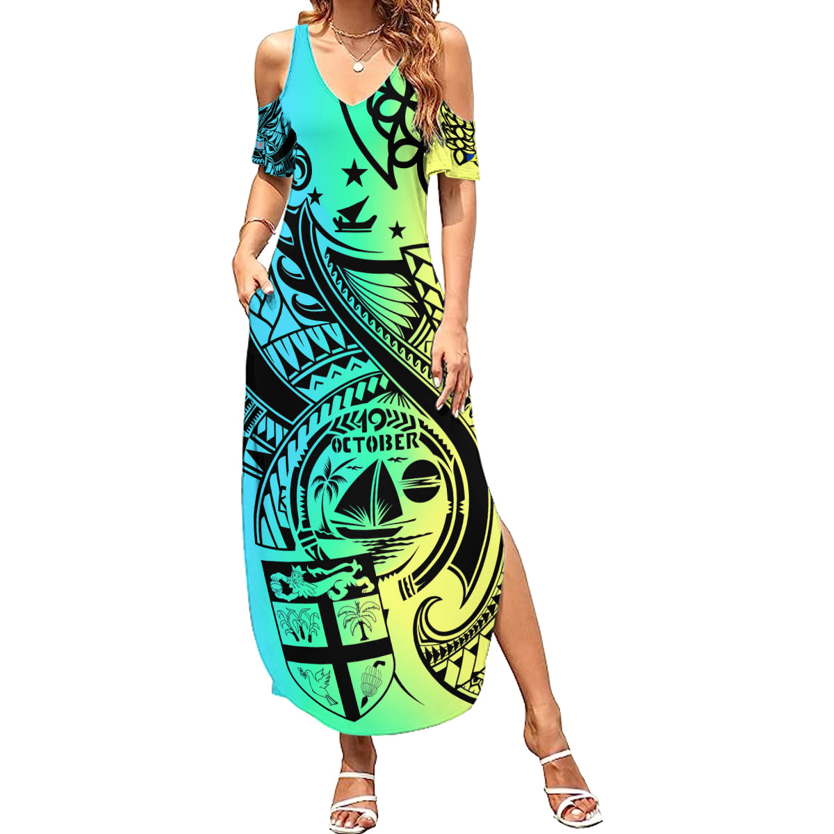 Malampa Fiji Day Summer Maxi Dress Vanuatu Sand Drawing With Polynesian Pattern - Wonder Print Shop