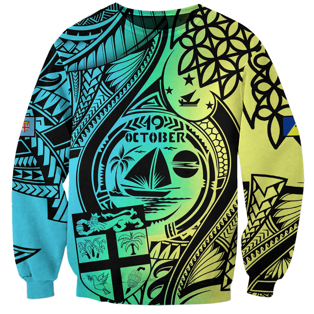Unisex crewneck sweatshirt with black base, teal and lime Polynesian graphic print
