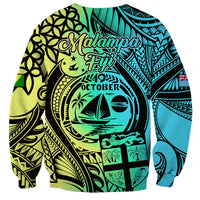 Unisex crewneck sweatshirt, back with Malampa Fiji text and teal-lime Polynesian print