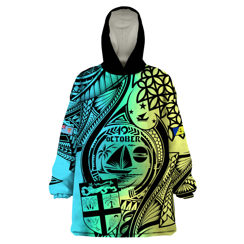 Malampa Fiji Day Wearable Blanket Hoodie Vanuatu Sand Drawing With Polynesian Pattern - Wonder Print Shop