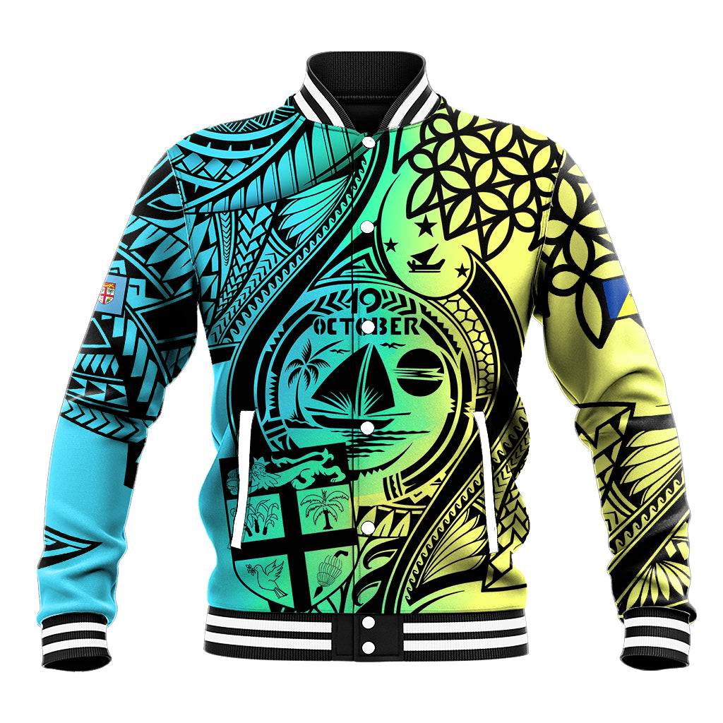 Multicolor Polynesian-style baseball jacket with ribbed collar, striped cuffs, front button snap