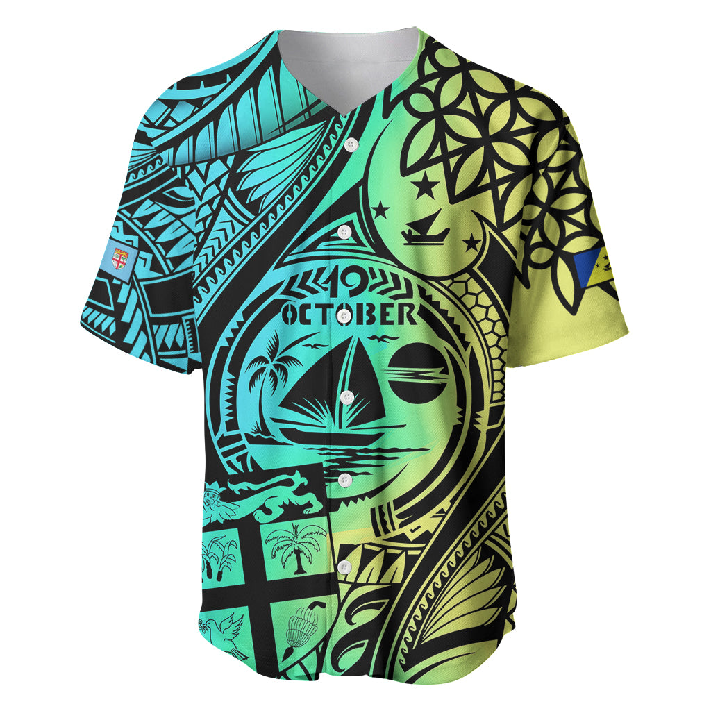 Black baseball jersey with bold turquoise and neon-yellow Polynesian island pattern, button-front