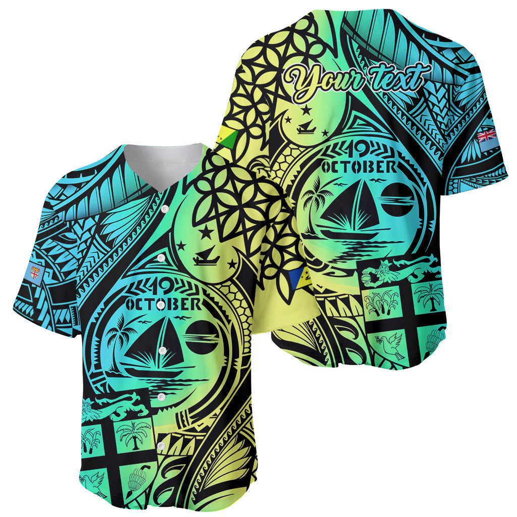 Black baseball jersey with turquoise and lime Polynesian pattern and 'Your text' print