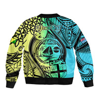 Unisex bomber jacket with black ribbed hem, back graphic print, long sleeves, zip