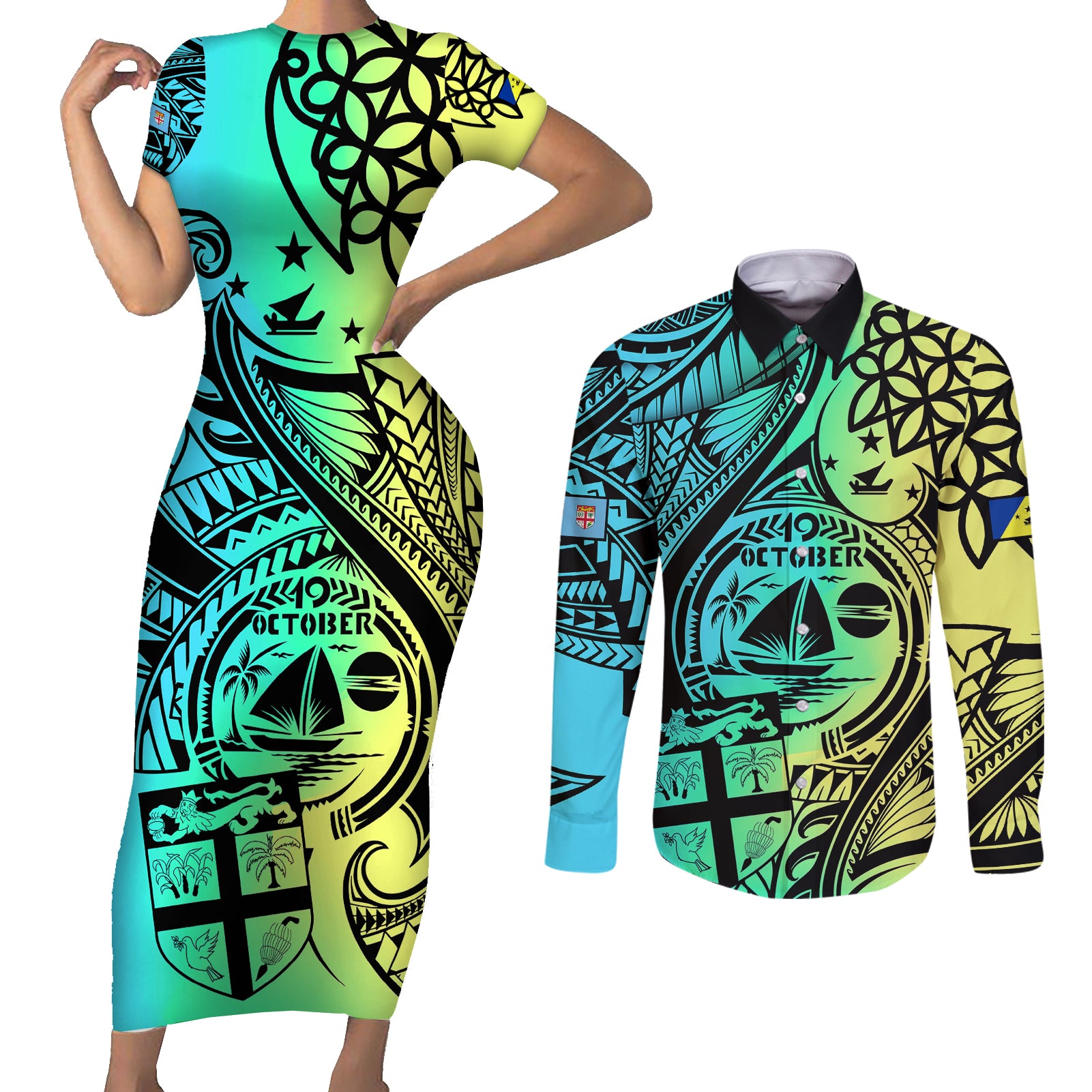 Personalised Malampa Fiji Day Couples Matching Short Sleeve Bodycon Dress and Long Sleeve Button Shirts Vanuatu Sand Drawing With Polynesian Pattern LT9 - Wonder Print Shop