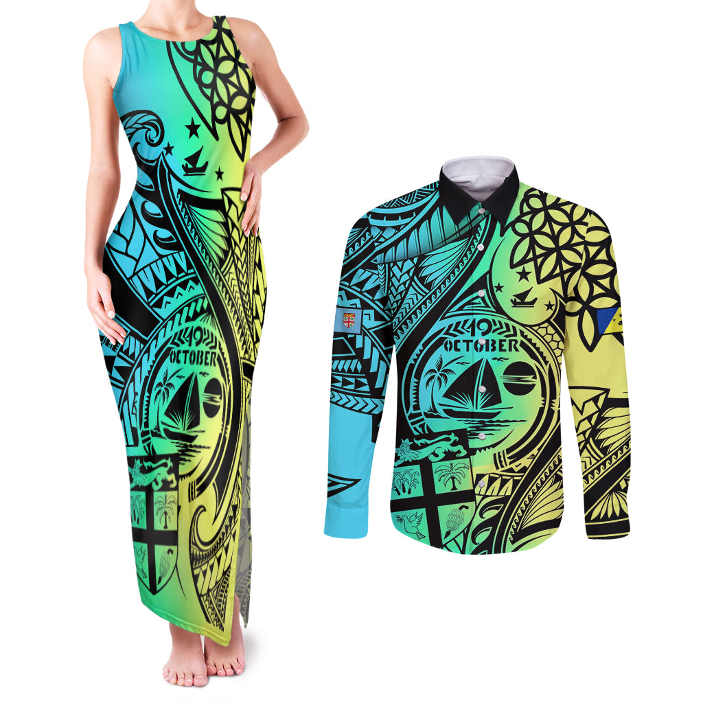 Personalised Malampa Fiji Day Couples Matching Tank Maxi Dress and Long Sleeve Button Shirts Vanuatu Sand Drawing With Polynesian Pattern LT9 - Wonder Print Shop