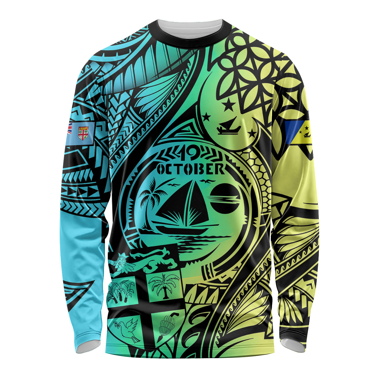 Unisex long-sleeve black shirt with large circular Polynesian-style graphic front