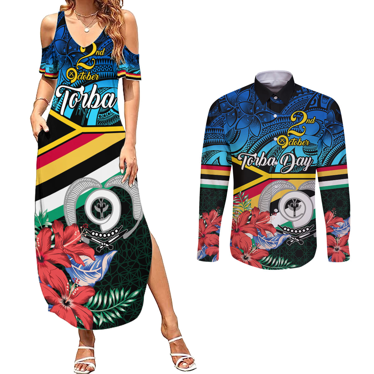 Torba Vanuatu Couples Matching Summer Maxi Dress and Long Sleeve Button Shirts Sand Drawing With Polynesian Pattern LT9 - Wonder Print Shop