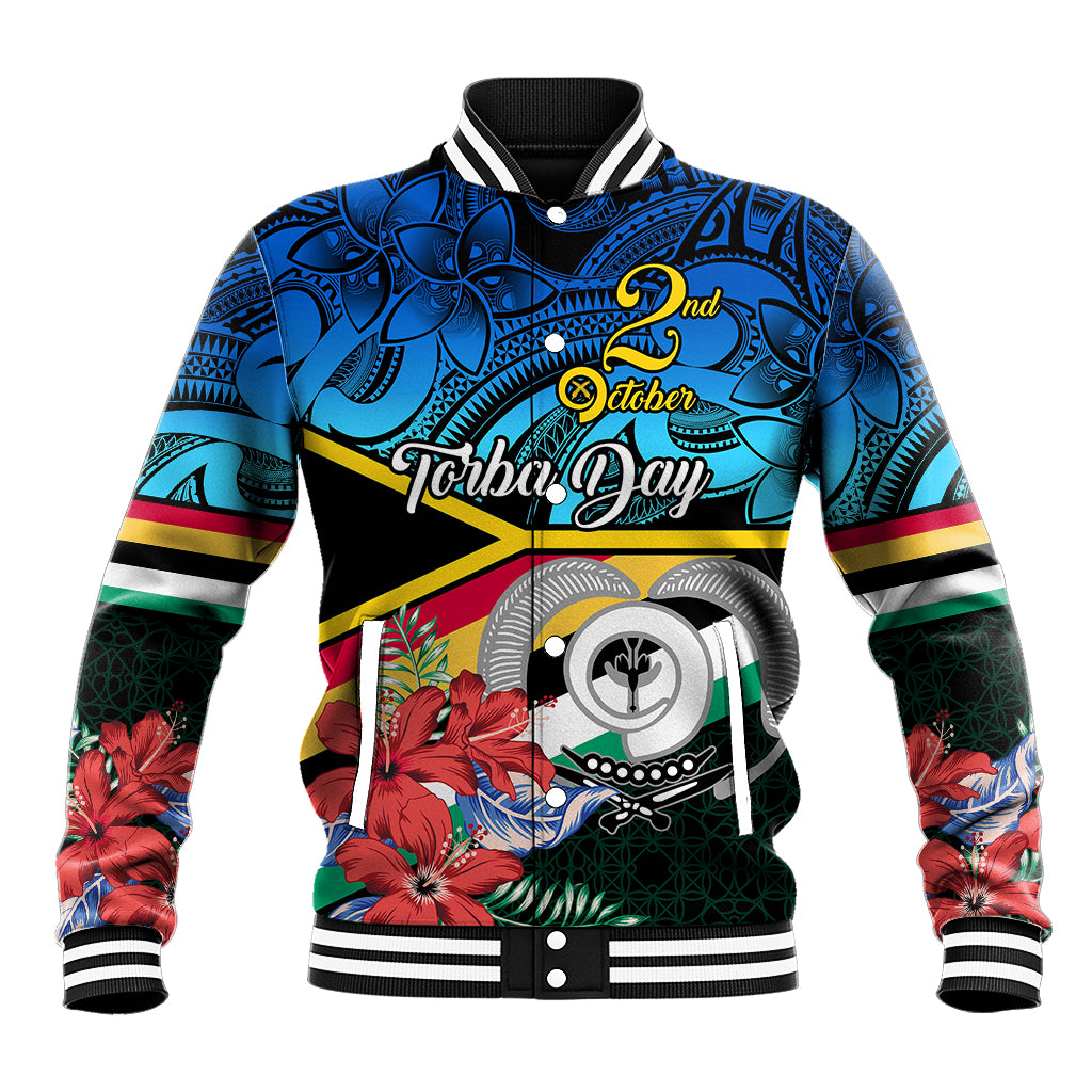 Blue tropical baseball jacket with ribbed collar and cuffs, Polynesian patterns, front graphic
