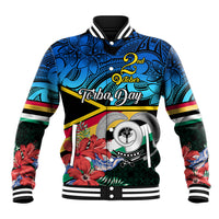 Blue tropical baseball jacket with ribbed collar and cuffs, Polynesian patterns, front graphic