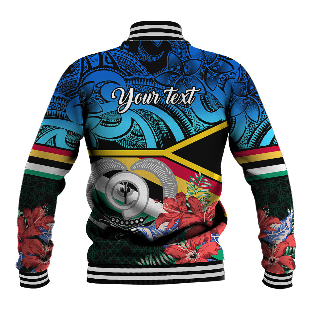 Blue tropical baseball jacket back view with ribbed collar, bold Polynesian pattern and large logo