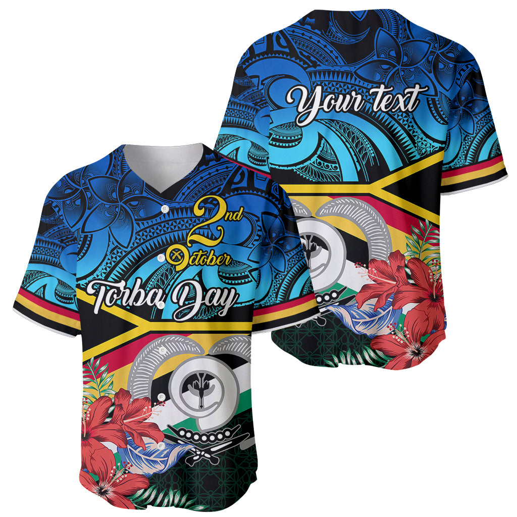 Pair of baseball jerseys with Polynesian designs: 'Torba Day' and 'Your Text', dark blue