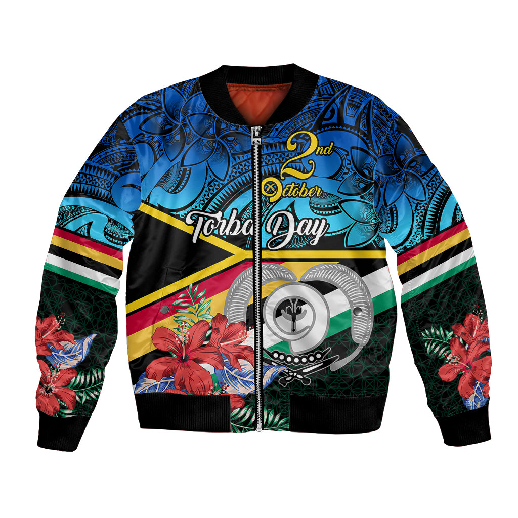 Zip-up bomber jacket with black ribbed trim, blue tropical Polynesian graphic front