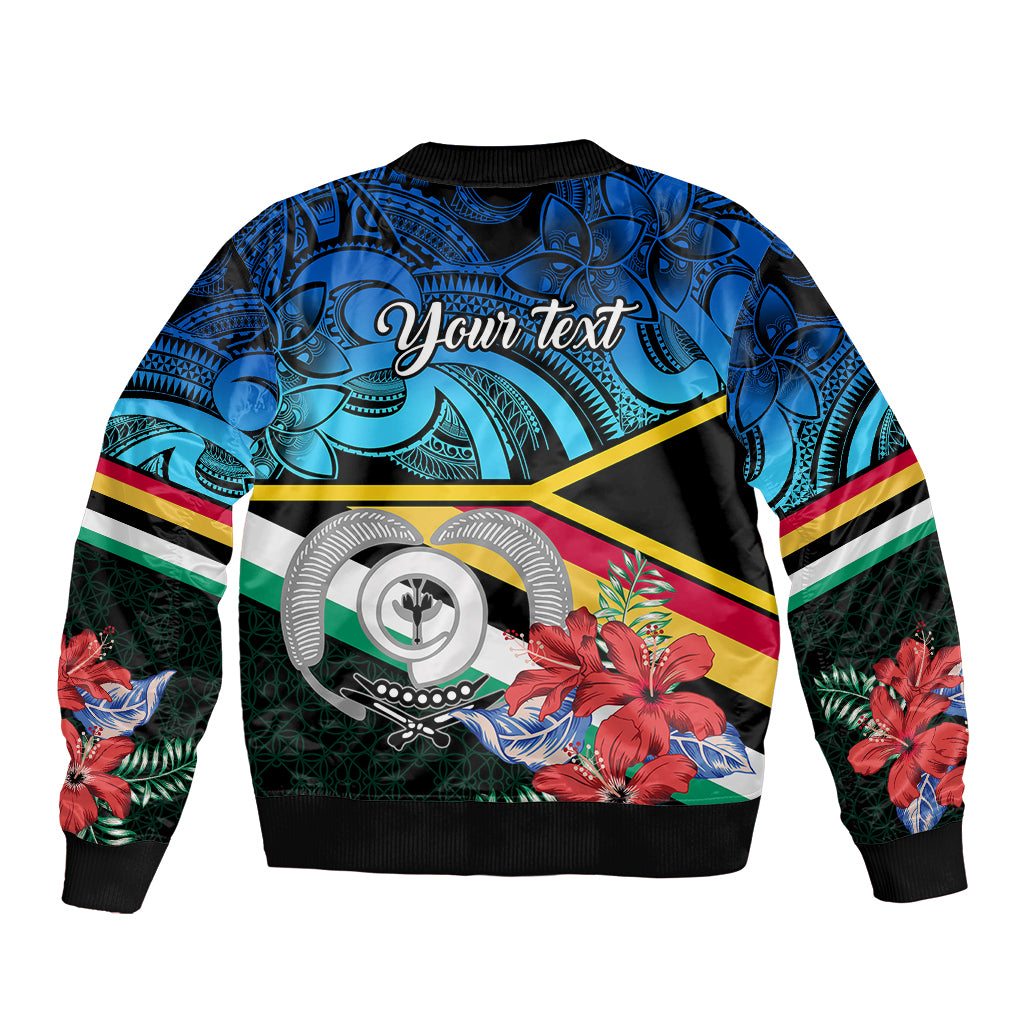 Back of zip-up bomber jacket with 'Your text' over blue tropical Polynesian print