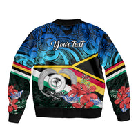 Back of zip-up bomber jacket with 'Your text' over blue tropical Polynesian print
