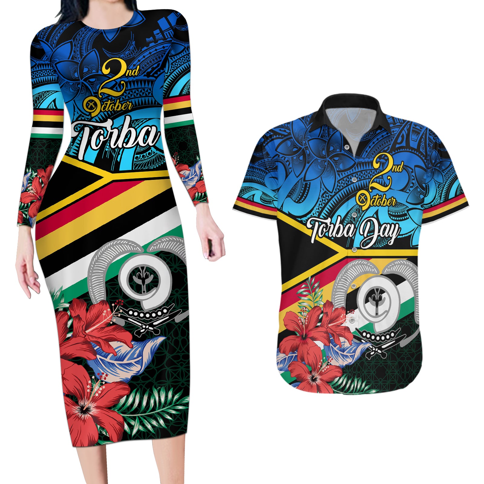 Personalised Torba Vanuatu Couples Matching Long Sleeve Bodycon Dress and Hawaiian Shirt Sand Drawing With Polynesian Pattern LT9 - Wonder Print Shop