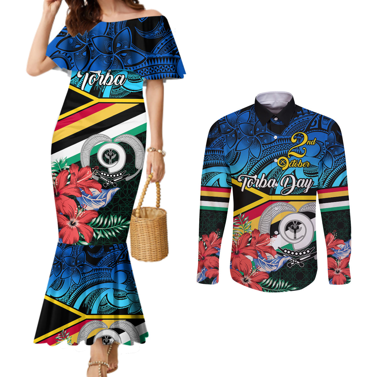 personalised-torba-vanuatu-couples-matching-mermaid-dress-and-long-sleeve-button-shirts-sand-drawing-with-polynesian-pattern