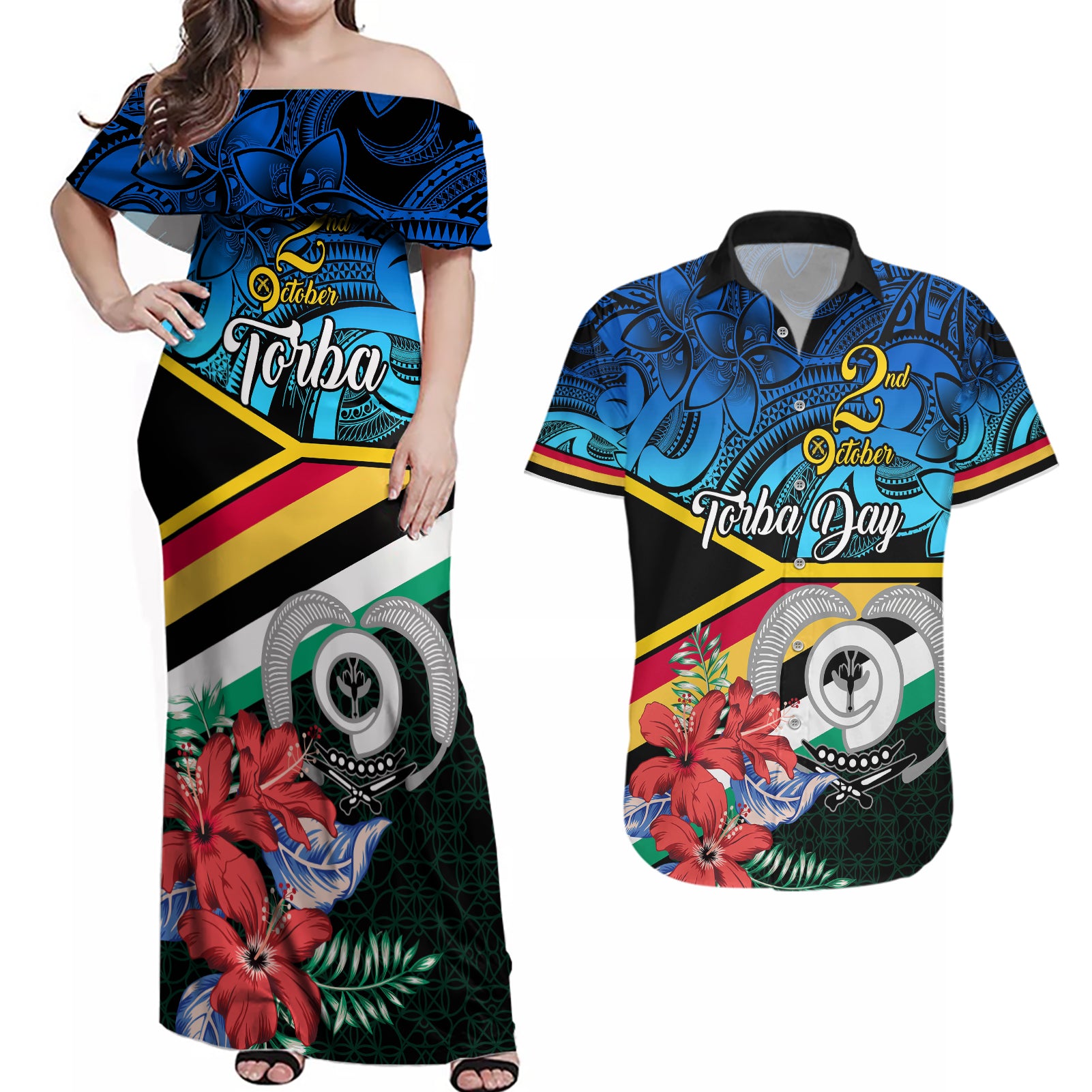 Personalised Torba Vanuatu Couples Matching Off Shoulder Maxi Dress and Hawaiian Shirt Sand Drawing With Polynesian Pattern LT9 - Wonder Print Shop