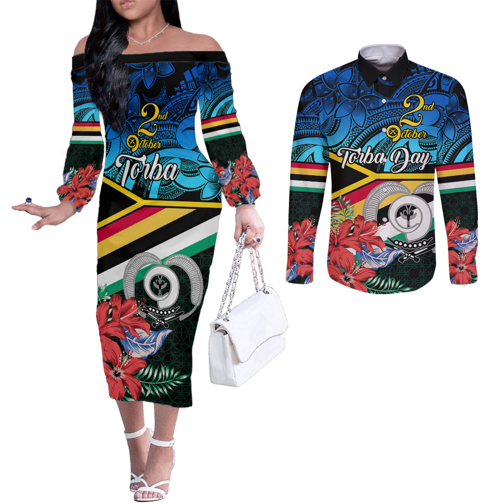 personalised-torba-vanuatu-couples-matching-off-the-shoulder-long-sleeve-dress-and-long-sleeve-button-shirts-sand-drawing-with-polynesian-pattern