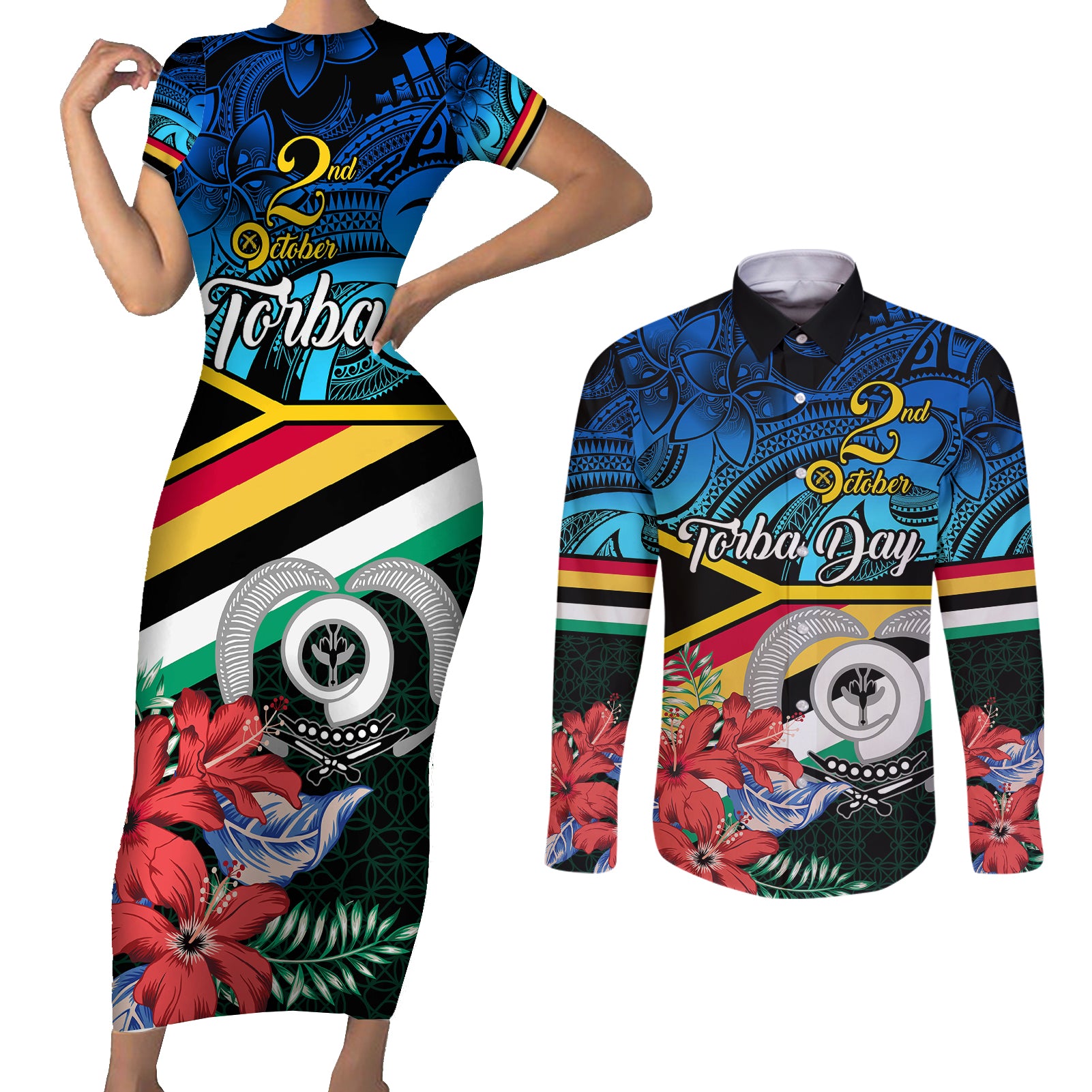 Personalised Torba Vanuatu Couples Matching Short Sleeve Bodycon Dress and Long Sleeve Button Shirts Sand Drawing With Polynesian Pattern LT9 - Wonder Print Shop