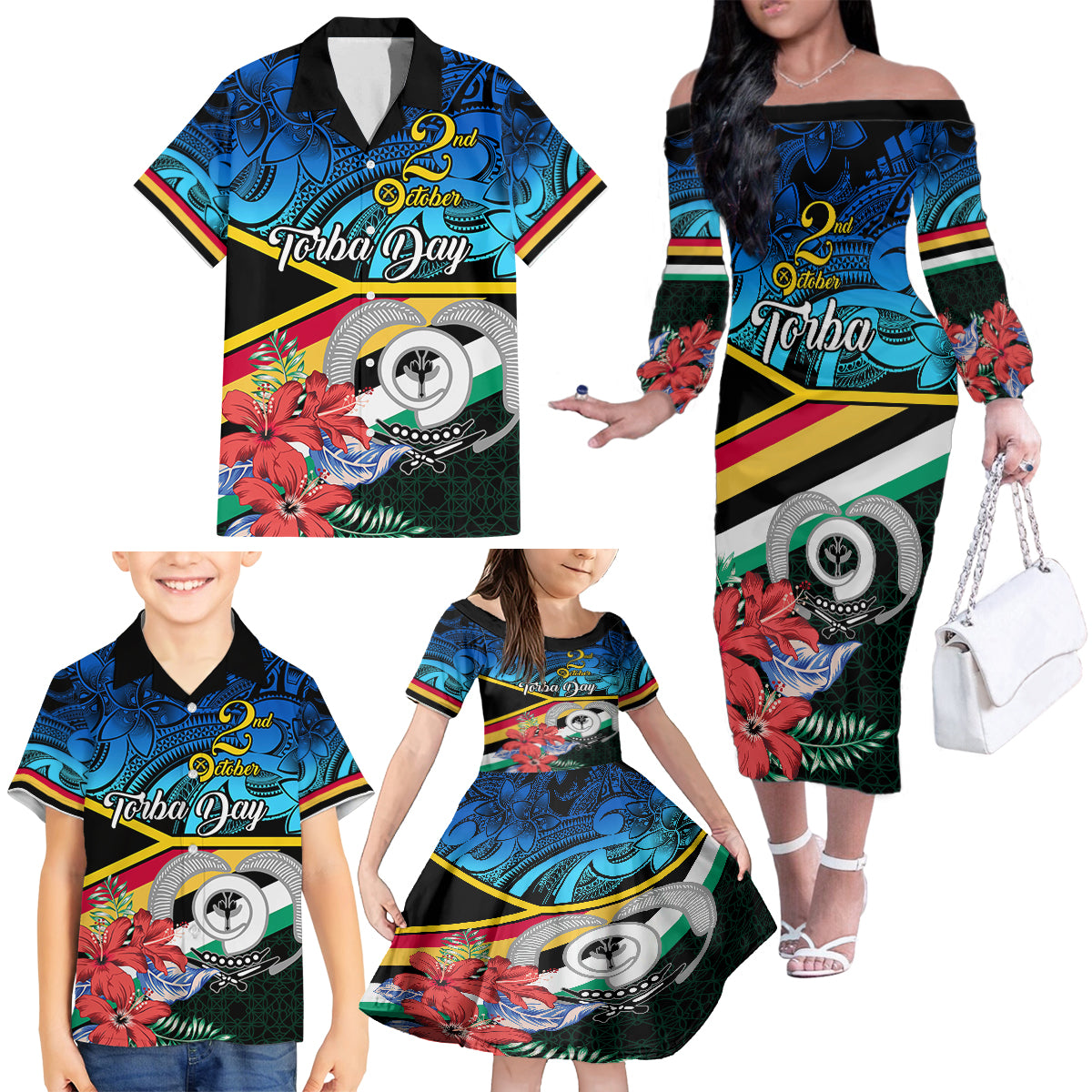 Personalised Torba Vanuatu Family Matching Off Shoulder Long Sleeve Dress and Hawaiian Shirt Sand Drawing With Polynesian Pattern - Wonder Print Shop