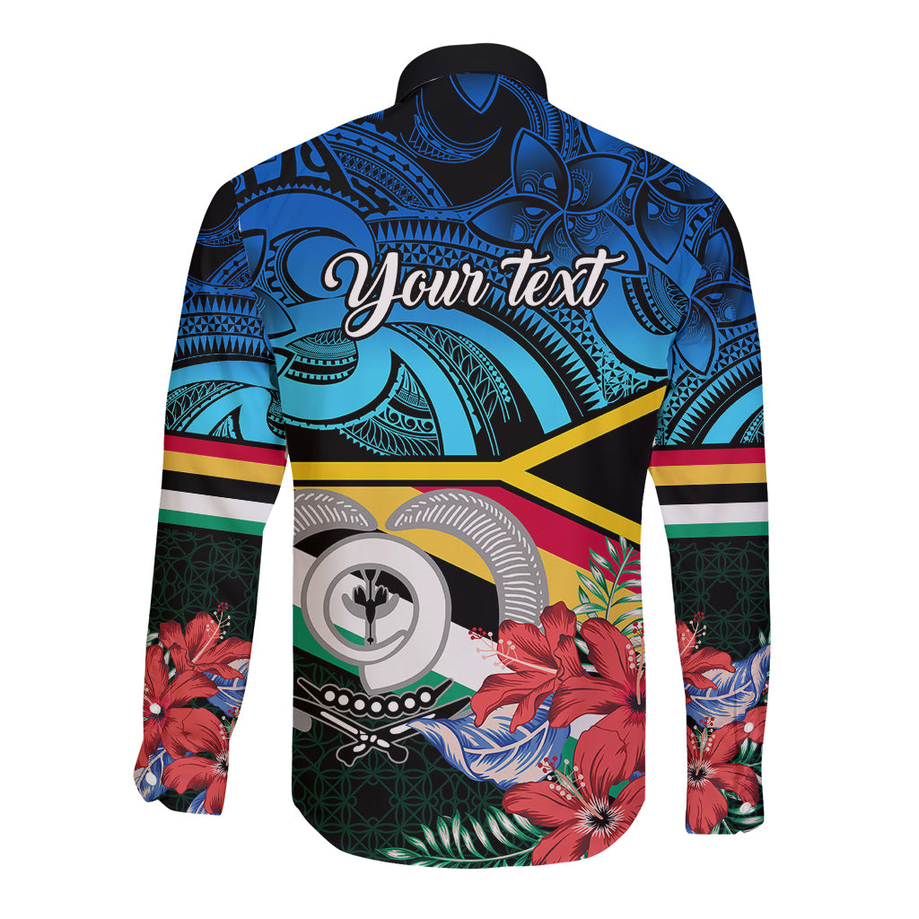 Long-sleeve button shirt with black collar, blue Polynesian back pattern and red flowers
