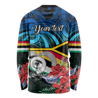 Unisex long sleeve shirt with black base, blue Polynesian pattern, Your text on back