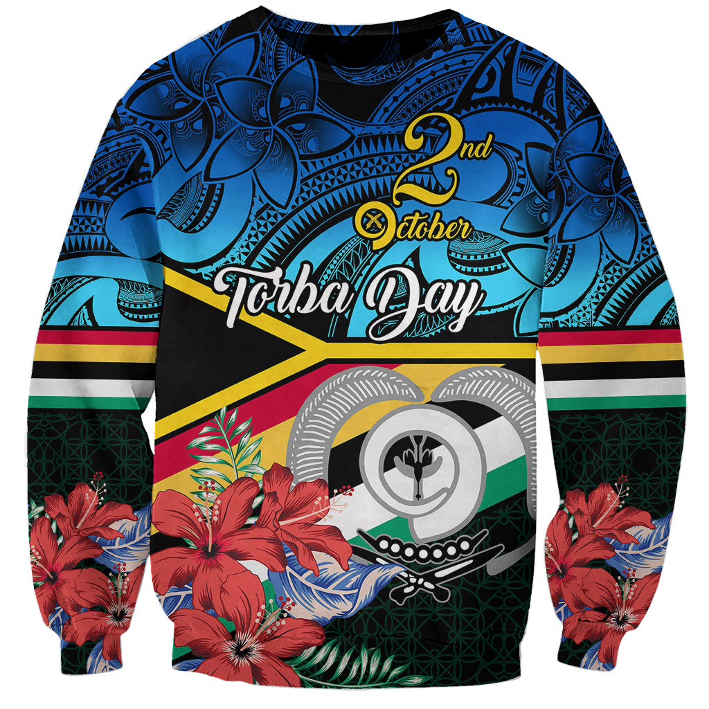 Unisex Torba Day Vanuatu sweatshirt with blue polynesian pattern, flowers, and date text
