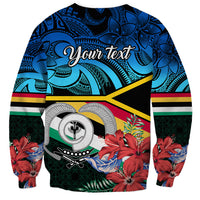 Unisex Vanuatu sweatshirt with blue polynesian pattern, red flowers, and Your text print