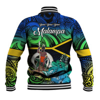 Multicolor tribal baseball jacket, back graphic with striped ribbed collar and cuffs