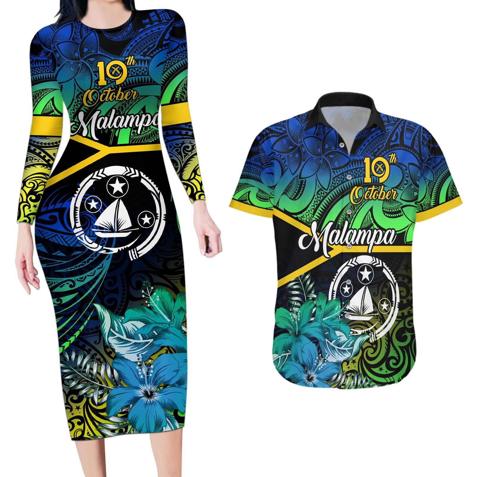 Malampa Day Couples Matching Long Sleeve Bodycon Dress and Hawaiian Shirt Vanuatu Flowers with Malampa Emblem Tribal Pattern LT9 - Wonder Print Shop