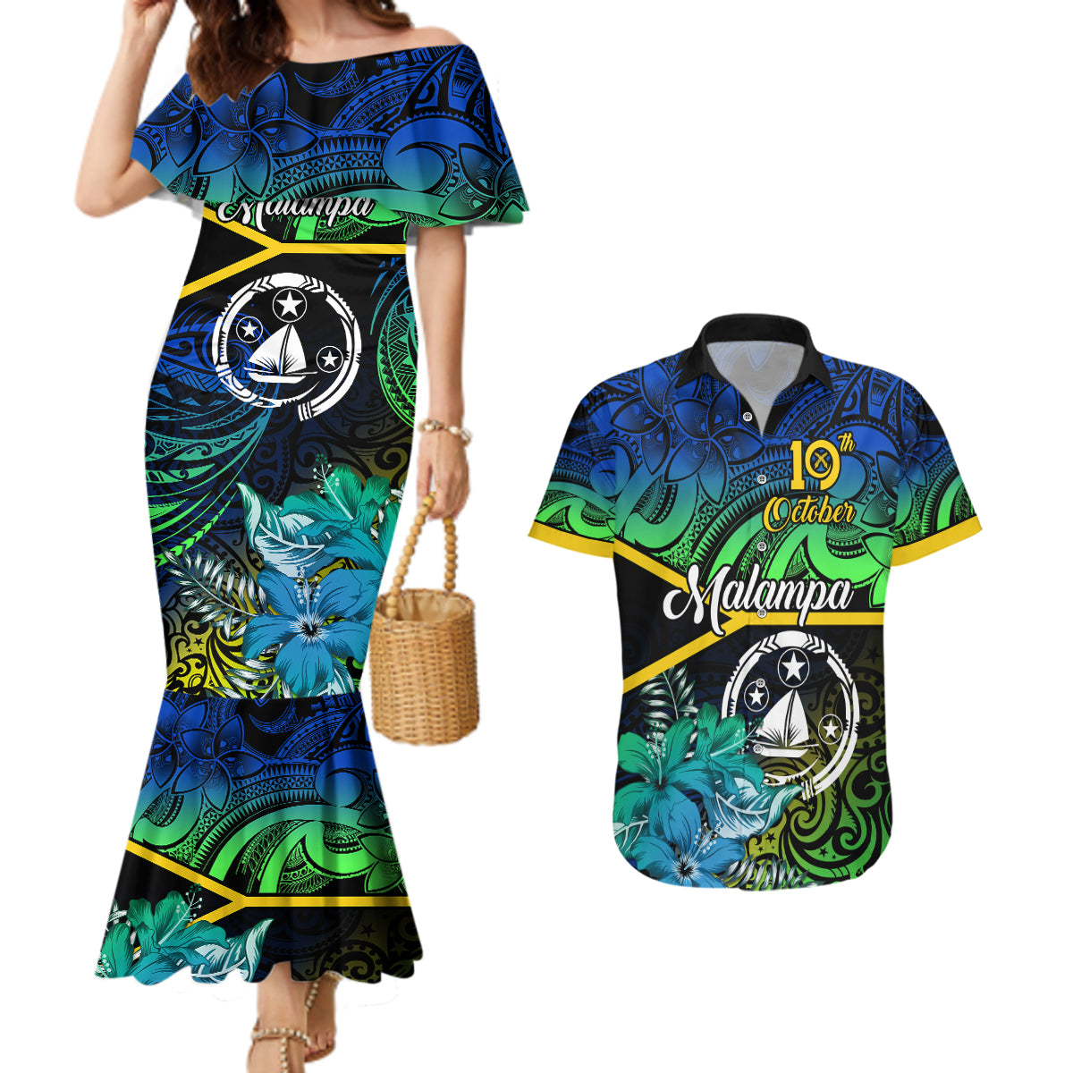 Malampa Day Couples Matching Mermaid Dress and Hawaiian Shirt Vanuatu Flowers with Malampa Emblem Tribal Pattern LT9 - Wonder Print Shop