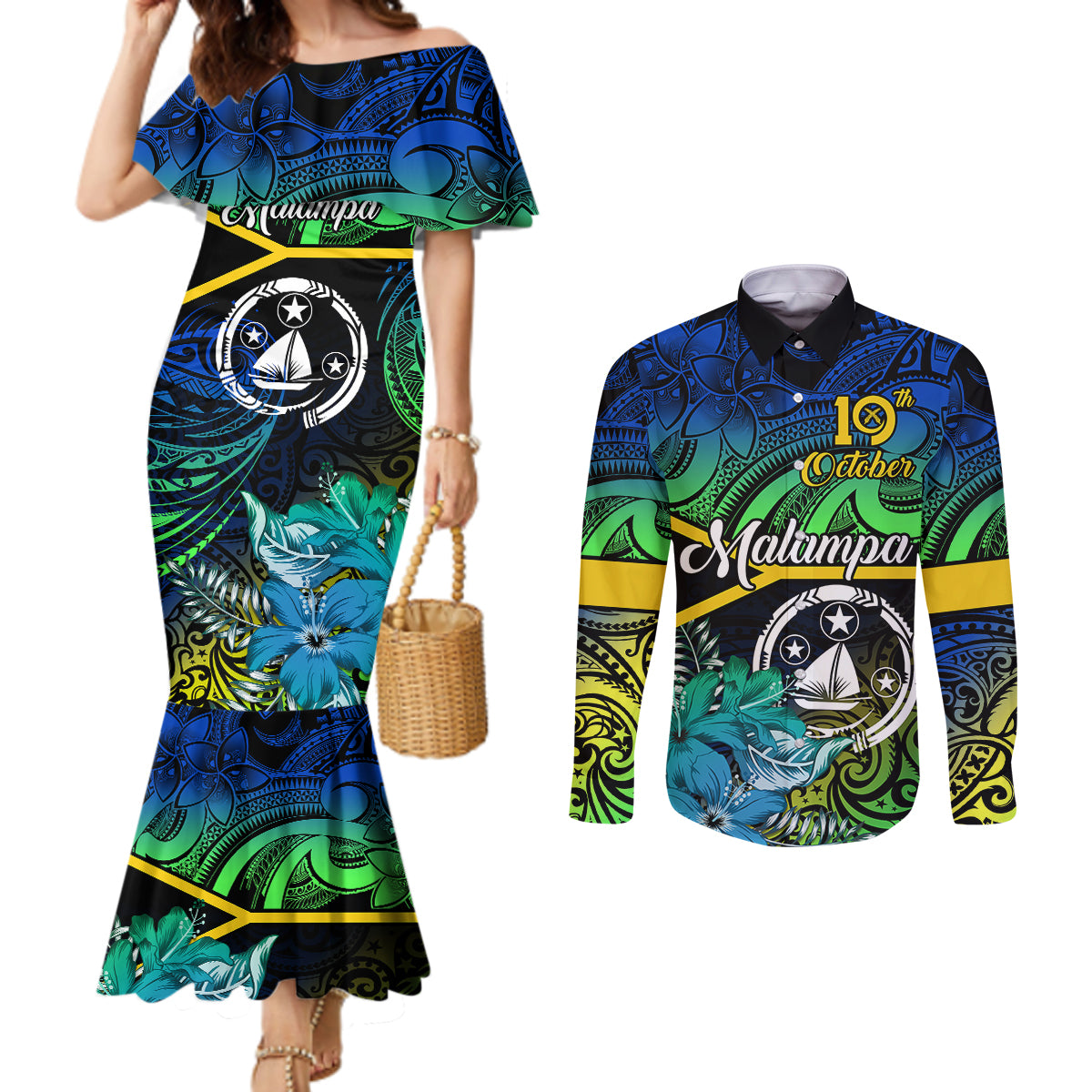 malampa-day-couples-matching-mermaid-dress-and-long-sleeve-button-shirts-vanuatu-flowers-with-malampa-emblem-tribal-pattern