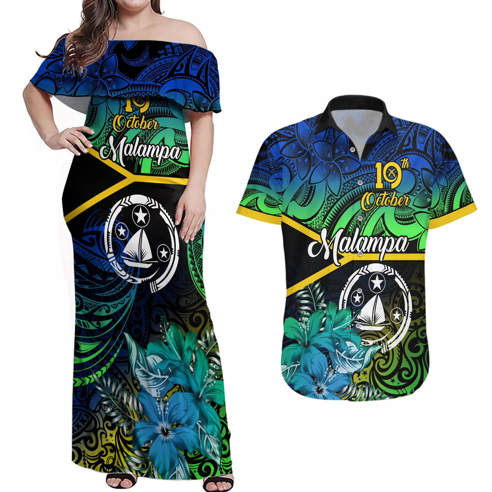 Malampa Day Couples Matching Off Shoulder Maxi Dress and Hawaiian Shirt Vanuatu Flowers with Malampa Emblem Tribal Pattern LT9 - Wonder Print Shop