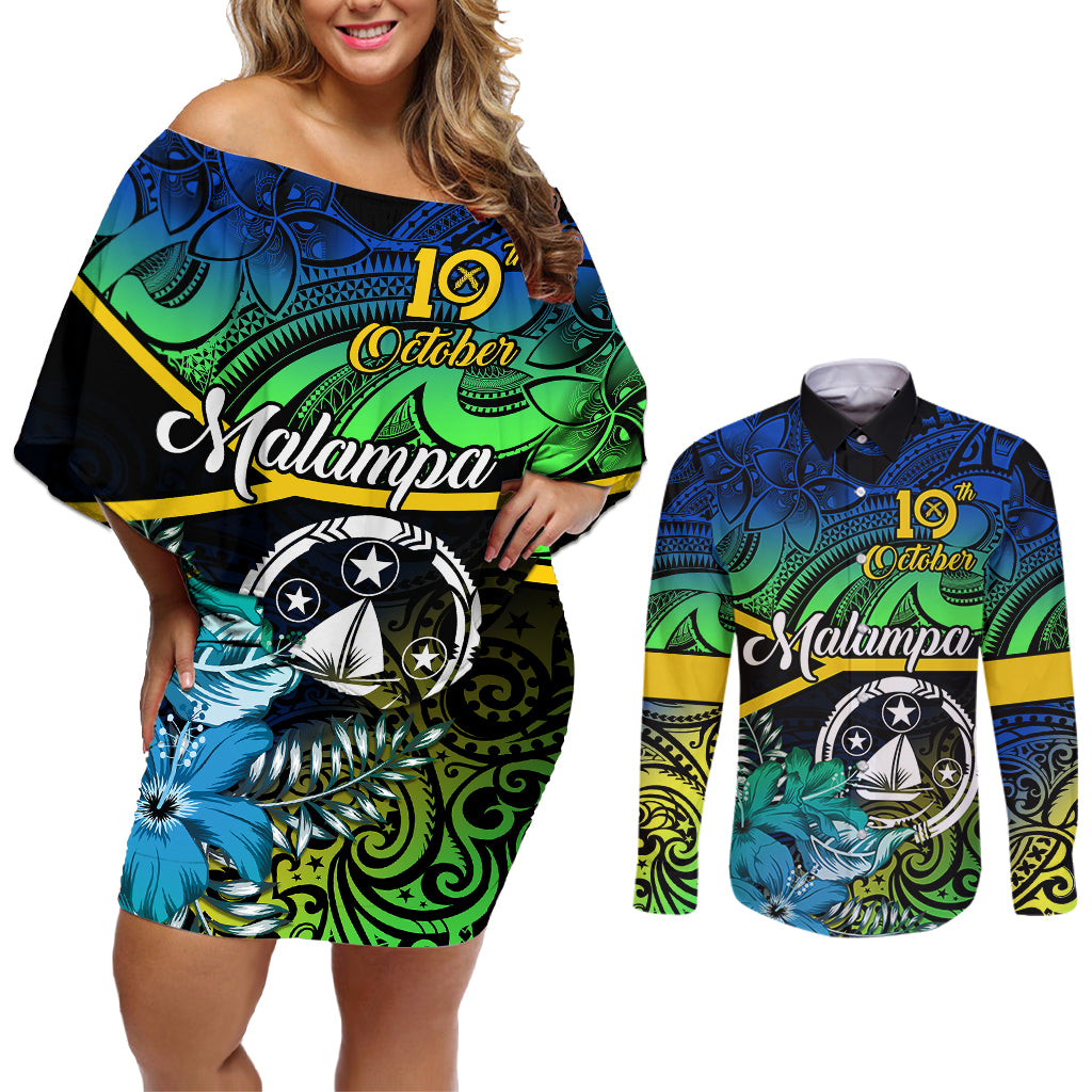 Malampa Day Couples Matching Off Shoulder Short Dress and Long Sleeve Button Shirts Vanuatu Flowers with Malampa Emblem Tribal Pattern LT9 - Wonder Print Shop