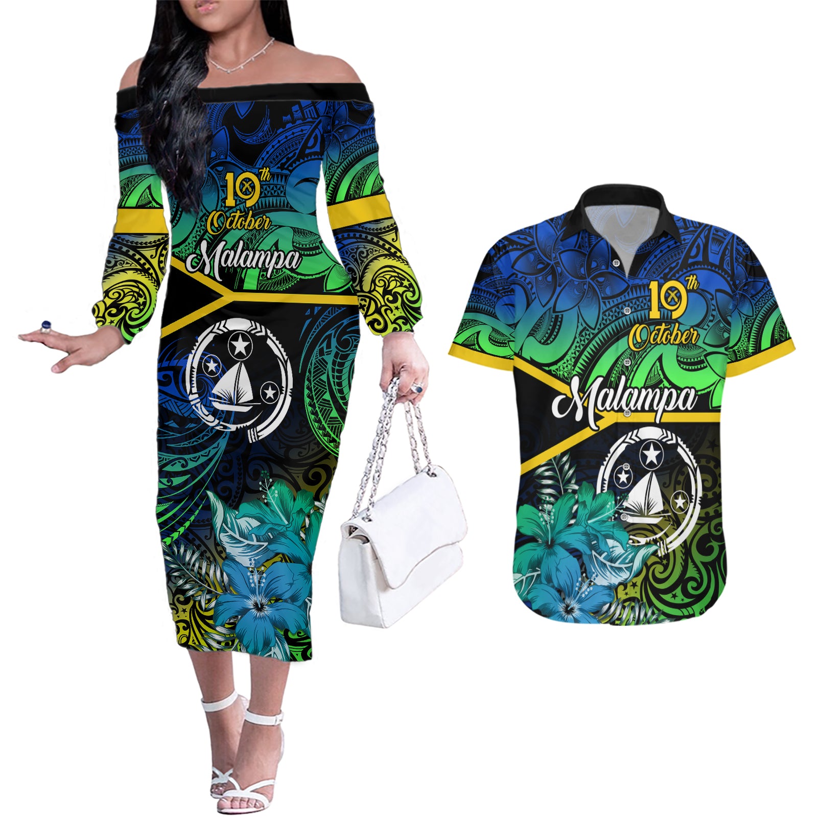 Malampa Day Couples Matching Off The Shoulder Long Sleeve Dress and Hawaiian Shirt Vanuatu Flowers with Malampa Emblem Tribal Pattern LT9 - Wonder Print Shop