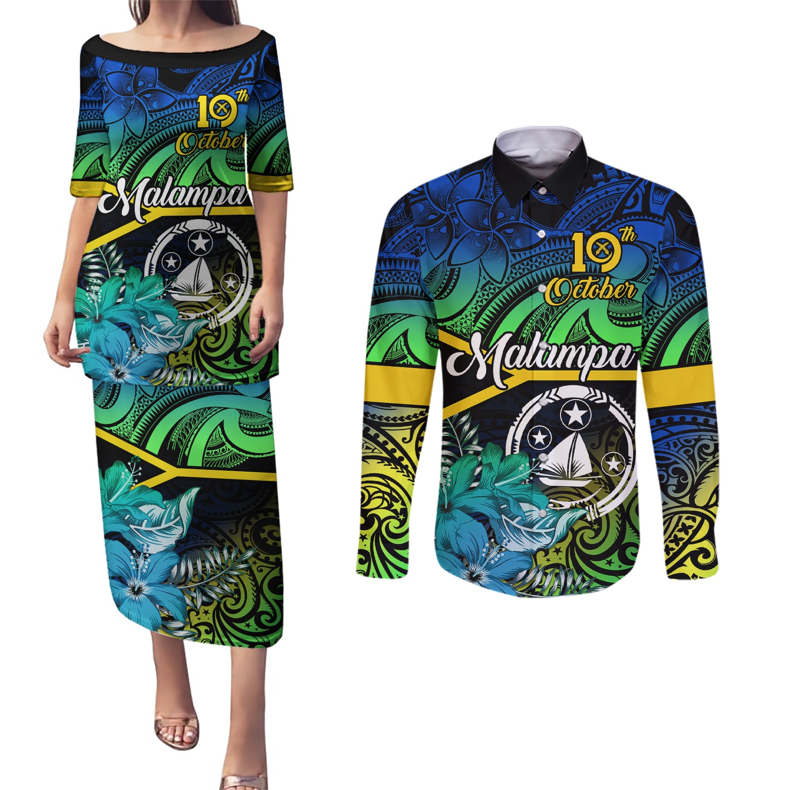 Malampa Day Couples Matching Puletasi Dress and Long Sleeve Button Shirts Vanuatu Flowers with Malampa Emblem Tribal Pattern LT9 - Wonder Print Shop