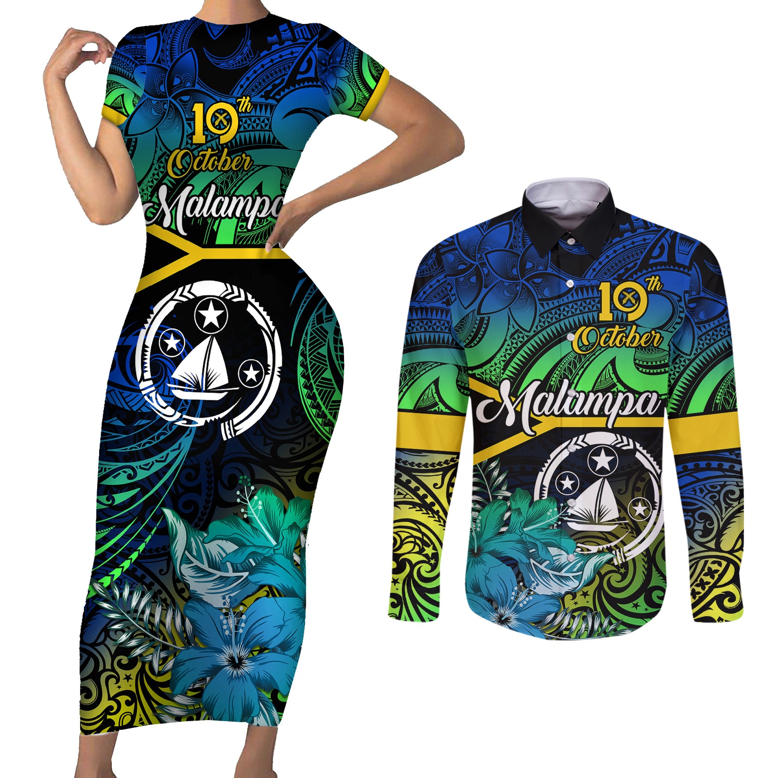 Malampa Day Couples Matching Short Sleeve Bodycon Dress and Long Sleeve Button Shirts Vanuatu Flowers with Malampa Emblem Tribal Pattern LT9 - Wonder Print Shop