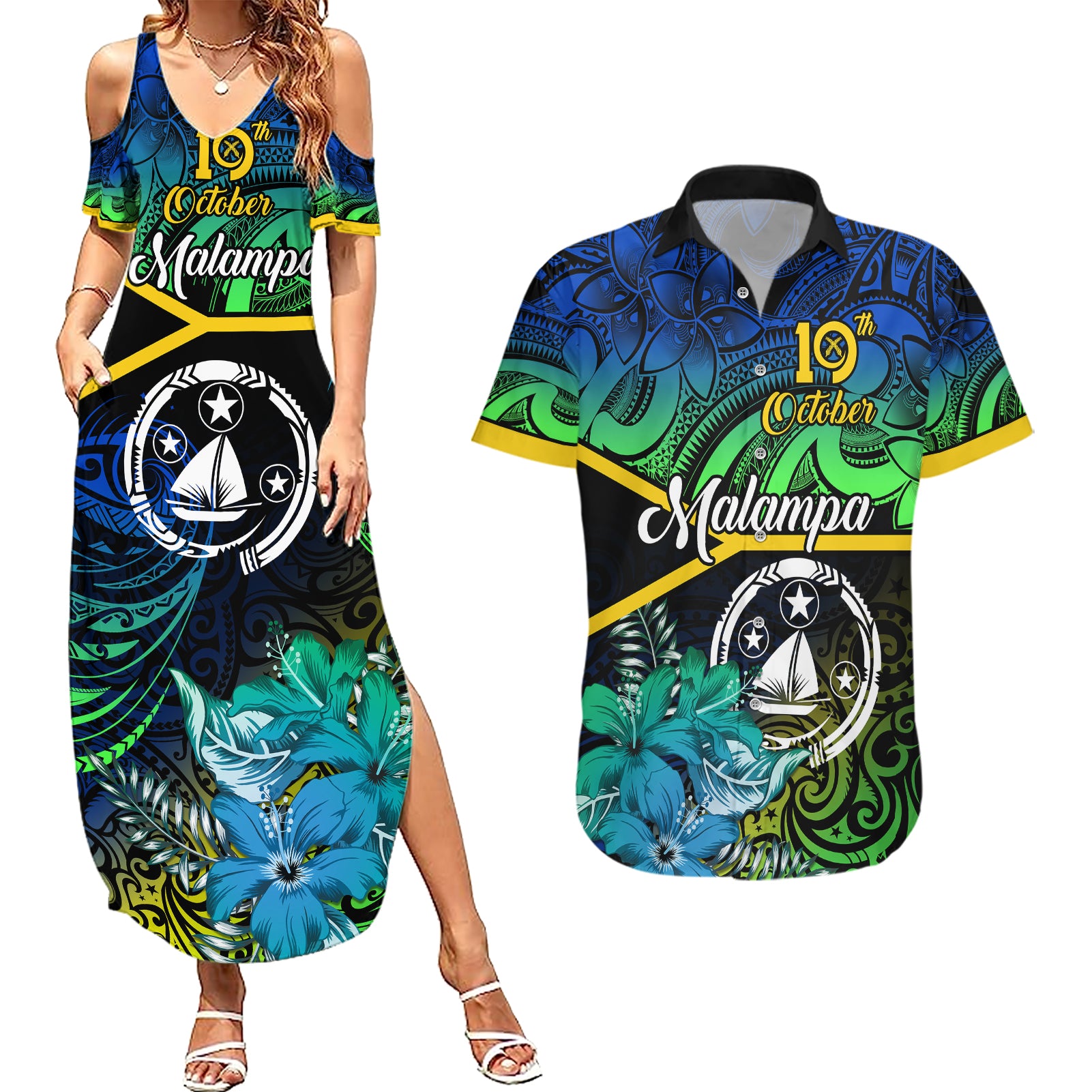 Malampa Day Couples Matching Summer Maxi Dress and Hawaiian Shirt Vanuatu Flowers with Malampa Emblem Tribal Pattern LT9 - Wonder Print Shop