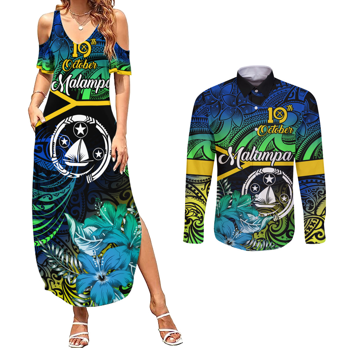 Malampa Day Couples Matching Summer Maxi Dress and Long Sleeve Button Shirts Vanuatu Flowers with Malampa Emblem Tribal Pattern LT9 - Wonder Print Shop