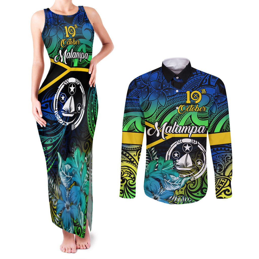 Malampa Day Couples Matching Tank Maxi Dress and Long Sleeve Button Shirts Vanuatu Flowers with Malampa Emblem Tribal Pattern LT9 - Wonder Print Shop