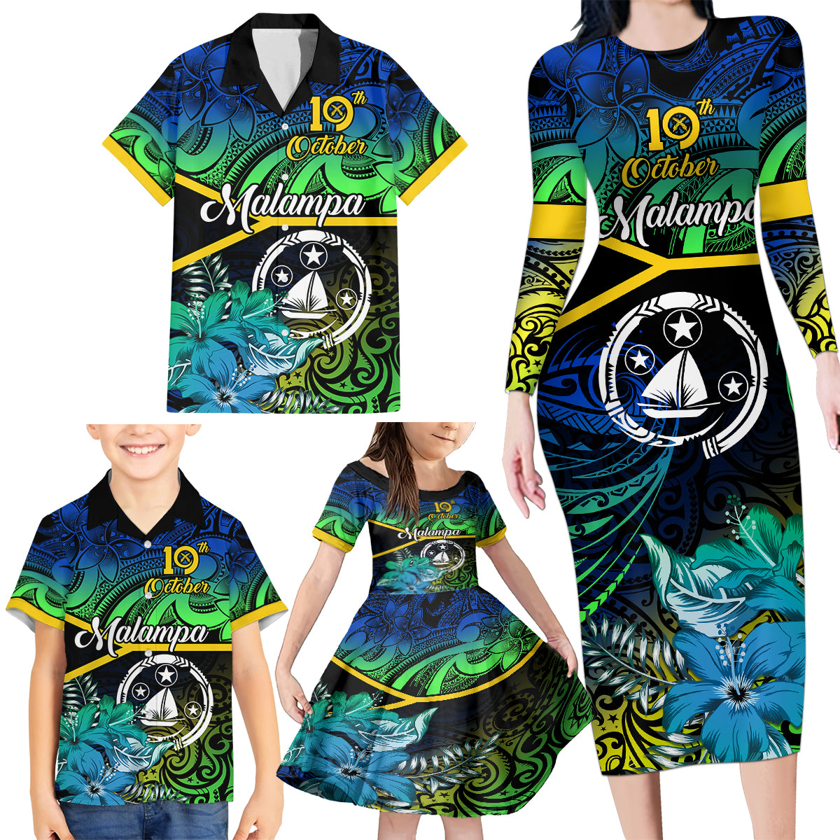 Malampa Day Family Matching Long Sleeve Bodycon Dress and Hawaiian Shirt Vanuatu Flowers with Malampa Emblem Tribal Pattern LT9 - Wonder Print Shop